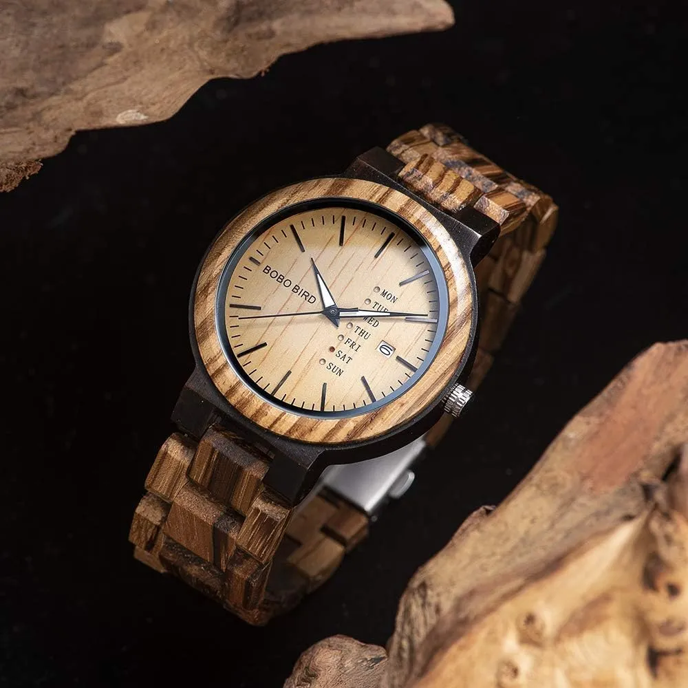 BOBO BIRD Week and Date Multi-Functional Display Men's Zebra Wooden Quartz Watch Lightweight Handmade Casual Wristwatches with Gift Box
