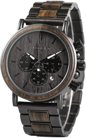 BOBO BIRD Wooden Mens Watches Wood & Stainless Steel Combined Chronograph Military Quartz Casual Wristwatches