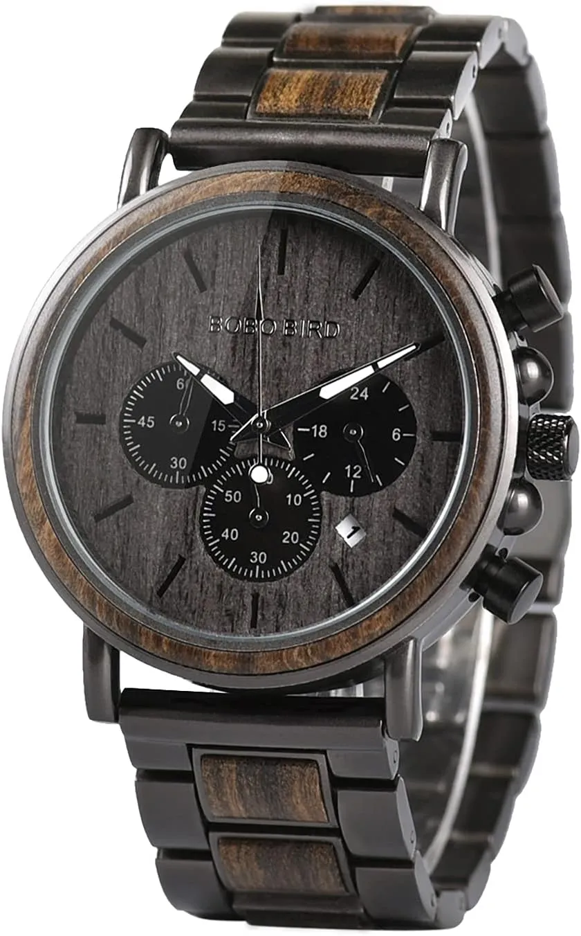 BOBO BIRD Wooden Mens Watches Wood & Stainless Steel Combined Chronograph Military Quartz Casual Wristwatches