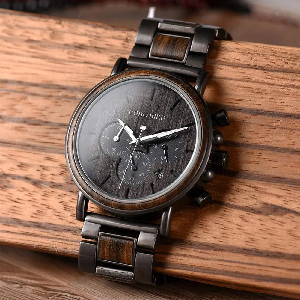BOBO BIRD Wooden Mens Watches Wood & Stainless Steel Combined Chronograph Military Quartz Casual Wristwatches