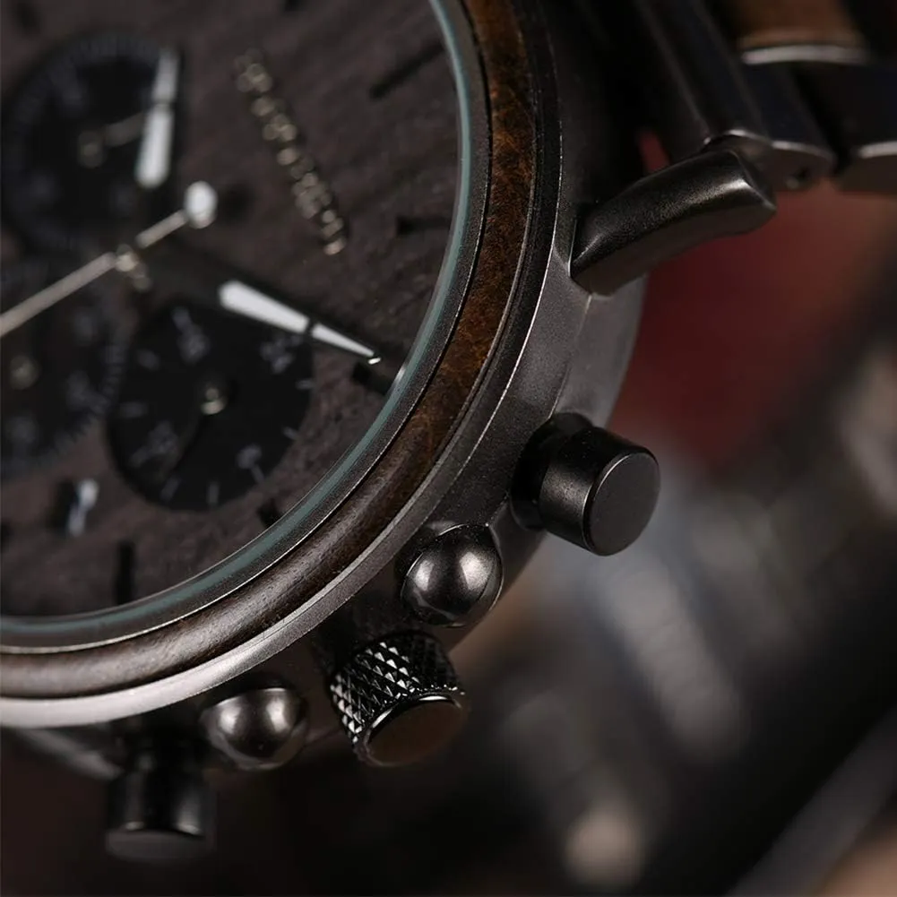 BOBO BIRD Wooden Mens Watches Wood & Stainless Steel Combined Chronograph Military Quartz Casual Wristwatches