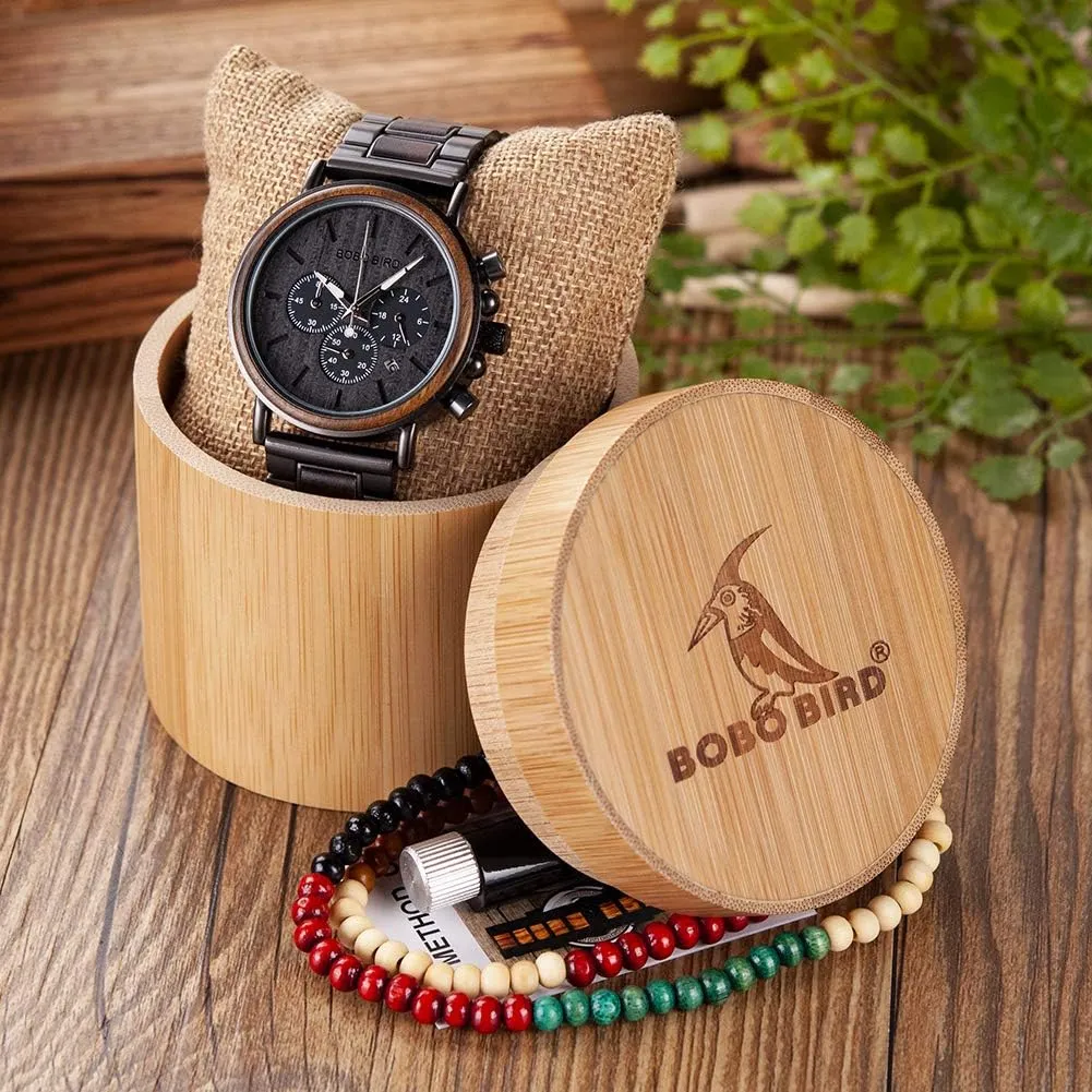 BOBO BIRD Wooden Mens Watches Wood & Stainless Steel Combined Chronograph Military Quartz Casual Wristwatches