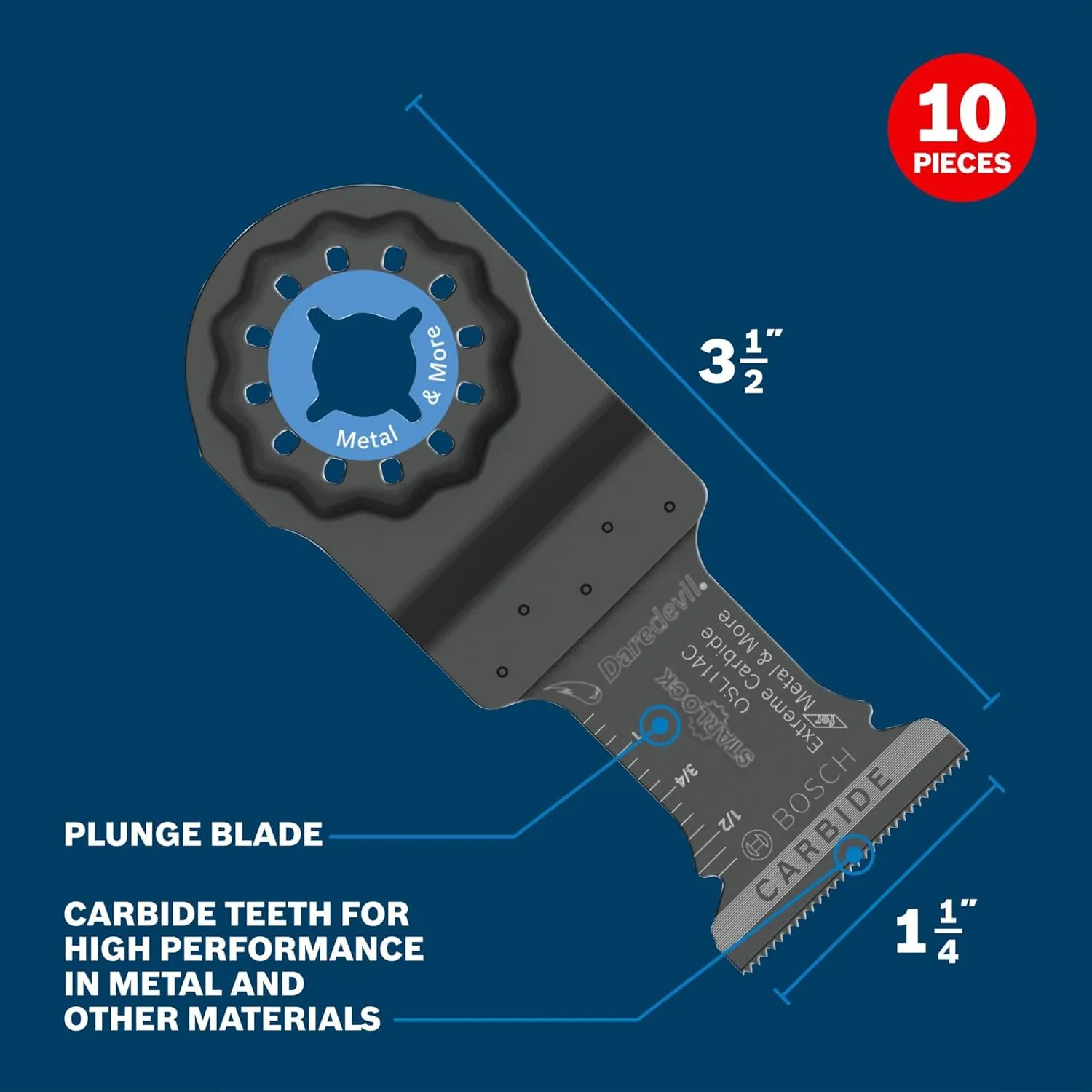 BOSCH OSL114C-10 10-Pack 1-1/4 in. Starlock Oscillating Multi Tool Metal & More Carbide Extreme Plunge Cut Blades for Cutting Iron Bar, Metal, Wood with Nails, Drywall and Tile