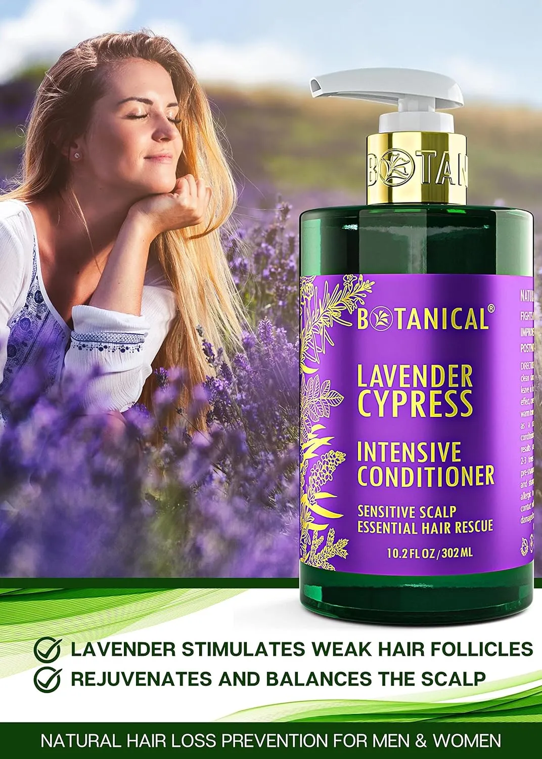 Botanical Hair Growth Lavender Conditioner Scalp Stimulating Anti-Hair Loss Therapy Intensive Repair For Weak Thinning Hair Postpartum Alopecia DHT Bocking 10.2 Fl Oz