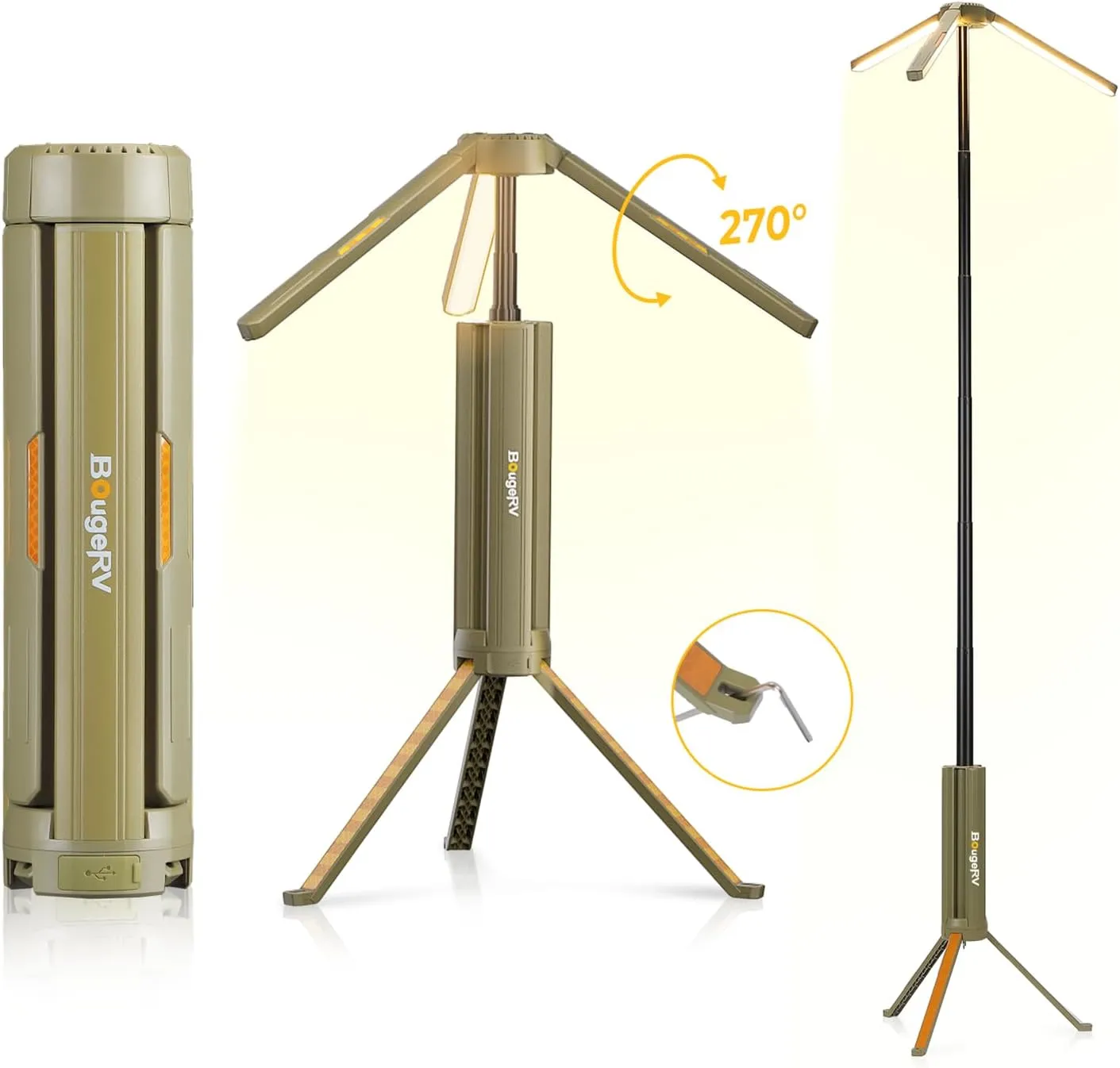 BougeRV Telescopic Camping Light, 15600mAh Collapsible Outdoor Light, Rotatable Electric Lantern, IP54 Waterproof Flashlight, Cordless Camping Tent Lamp for Emergency, Camping, Hiking, 2025 Version