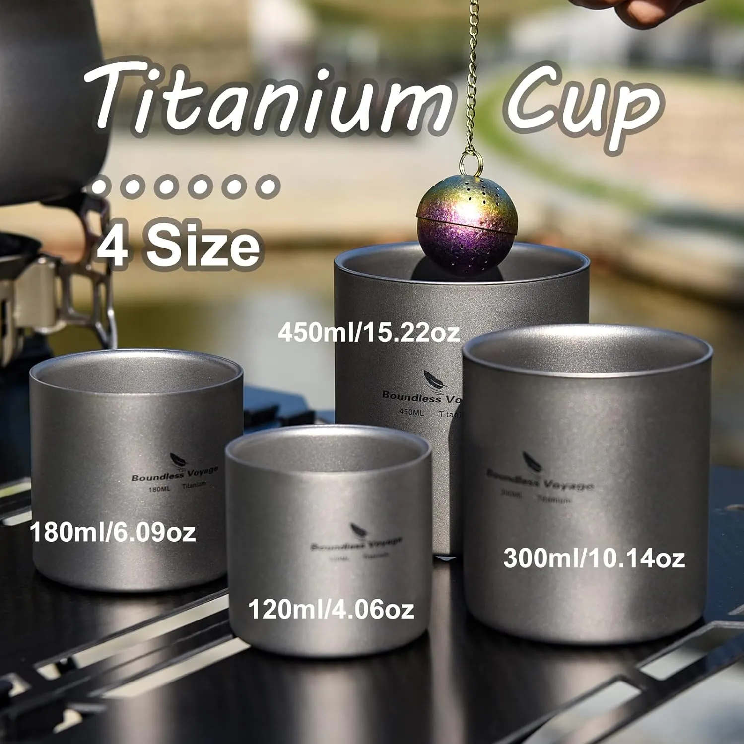 Boundless Voyage 4 in 1 Titanium Cup Double Walled Mug Lightweight Anti-scalding Drinkwear for Water Tea Wine Beer Fruit Juice(120ml 180ml 300ml)