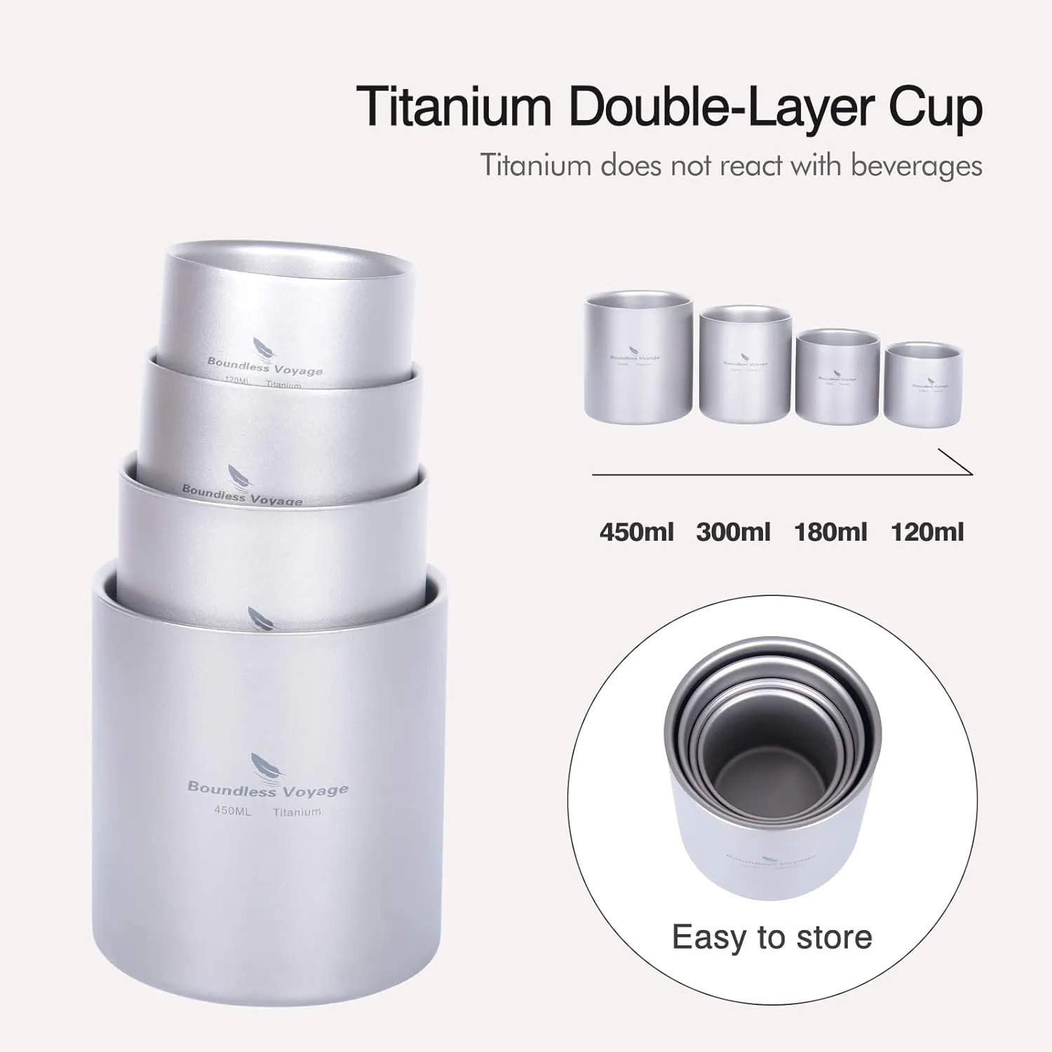 Boundless Voyage 4 in 1 Titanium Cup Double Walled Mug Lightweight Anti-scalding Drinkwear for Water Tea Wine Beer Fruit Juice(120ml 180ml 300ml)