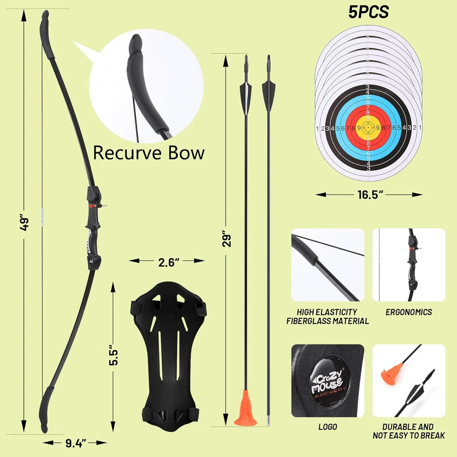 Bow and Arrow for Teens Beginners Adults Longbow Kit 8 Arrows 5 Target Face Archery Recurve Bow Set Backyard Games Gift for Outdoor Sports