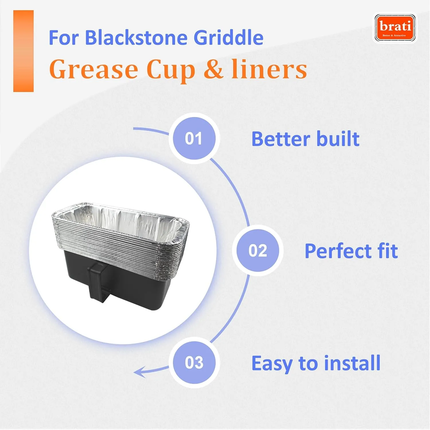 brati Upgrade Rear Grease Cup Replacement for Blackstone 17in 22in 28in 36in Griddle, Grease Tray with 20-Pack Grease Cup Disposable Liners