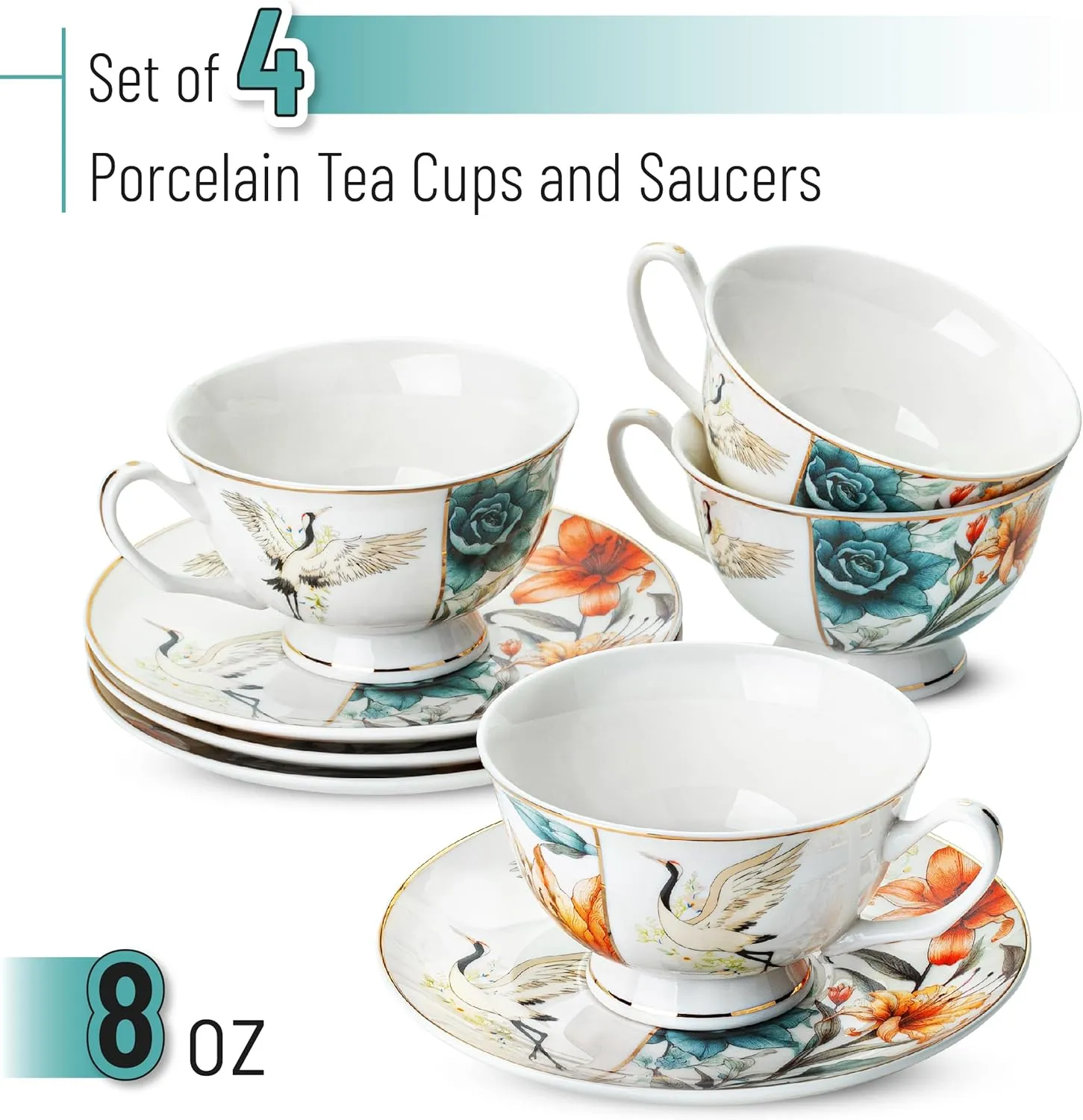 Brew To A Tea Floral Porcelain Tea Cups Set of 4, 8 oz, Cup & Saucer Sets, Tea Cup Set of 4