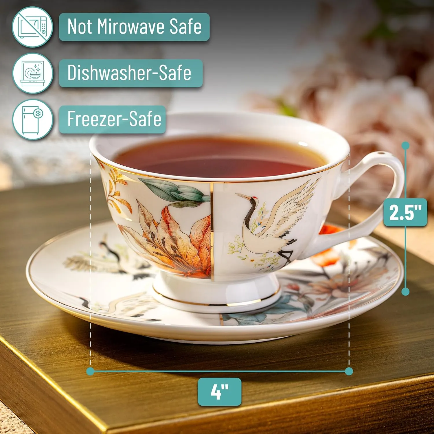 Brew To A Tea Floral Porcelain Tea Cups Set of 4, 8 oz, Cup & Saucer Sets, Tea Cup Set of 4
