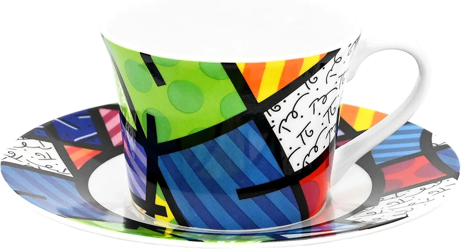 BRITTO Romero Bone China Coffee & Tea Cup with Saucer, 6.7 oz, Colorful Landscape, Abstract Artwork Design