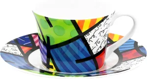 BRITTO Romero Bone China Coffee & Tea Cup with Saucer, 6.7 oz, Colorful Landscape, Abstract Artwork Design