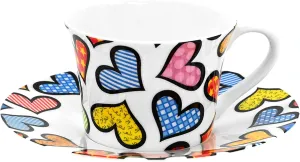 BRITTO Romero Bone China Coffee & Tea Cup with Saucer, 6.7 oz, Hearts, Colorful Artwork Design