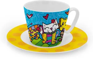 Britto Romero Bone China Espresso Cup & Saucer, 3.3 oz, Best Friends, Animal Artwork Design