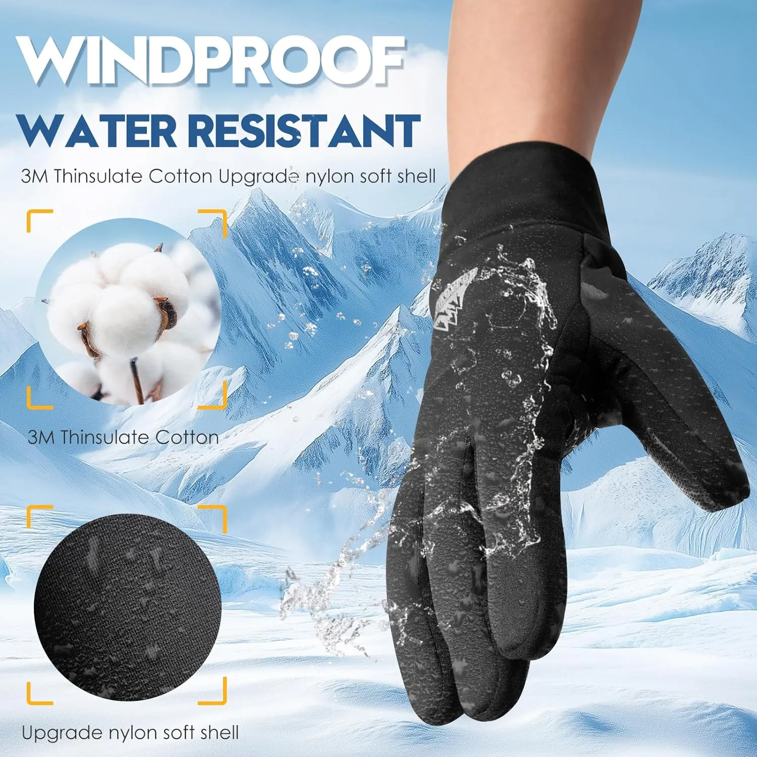 Bruvoalon W429 Winter Gloves for Women & Men - 3M Thermal Insulation & Lycra Fabric Surface & Windproof Coating, Touchscreen, Anti-Slip for Skiing, Running, Cycling, Hiking, Sports, Cold Weather