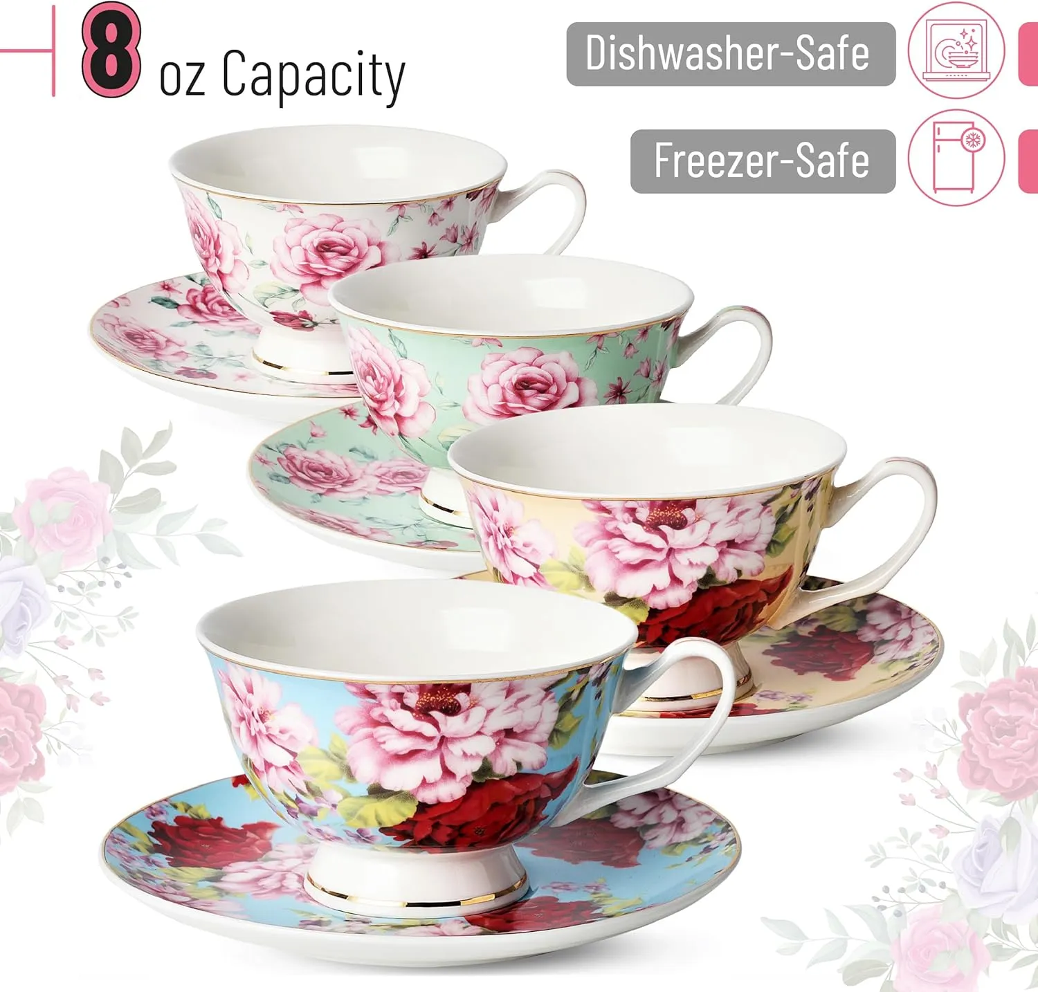 BTaT- Floral Tea Cups and Saucers with Gift Box, 8 oz, Tea Cups Set of 4, Cup & Saucer Sets, Tea Cup Set of 4