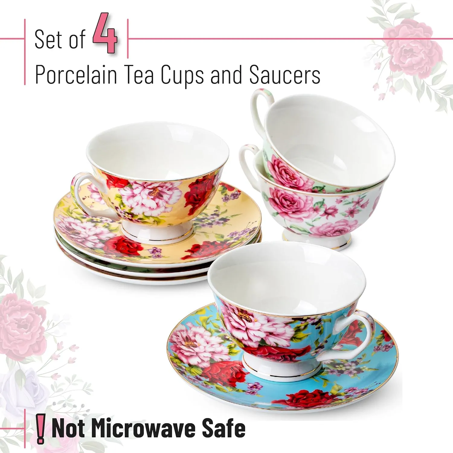 BTaT- Floral Tea Cups and Saucers with Gift Box, 8 oz, Tea Cups Set of 4, Cup & Saucer Sets, Tea Cup Set of 4