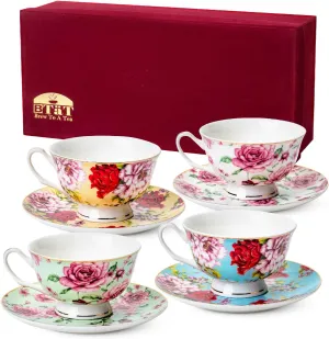 BTaT- Floral Tea Cups and Saucers with Gift Box, 8 oz, Tea Cups Set of 4, Cup & Saucer Sets, Tea Cup Set of 4