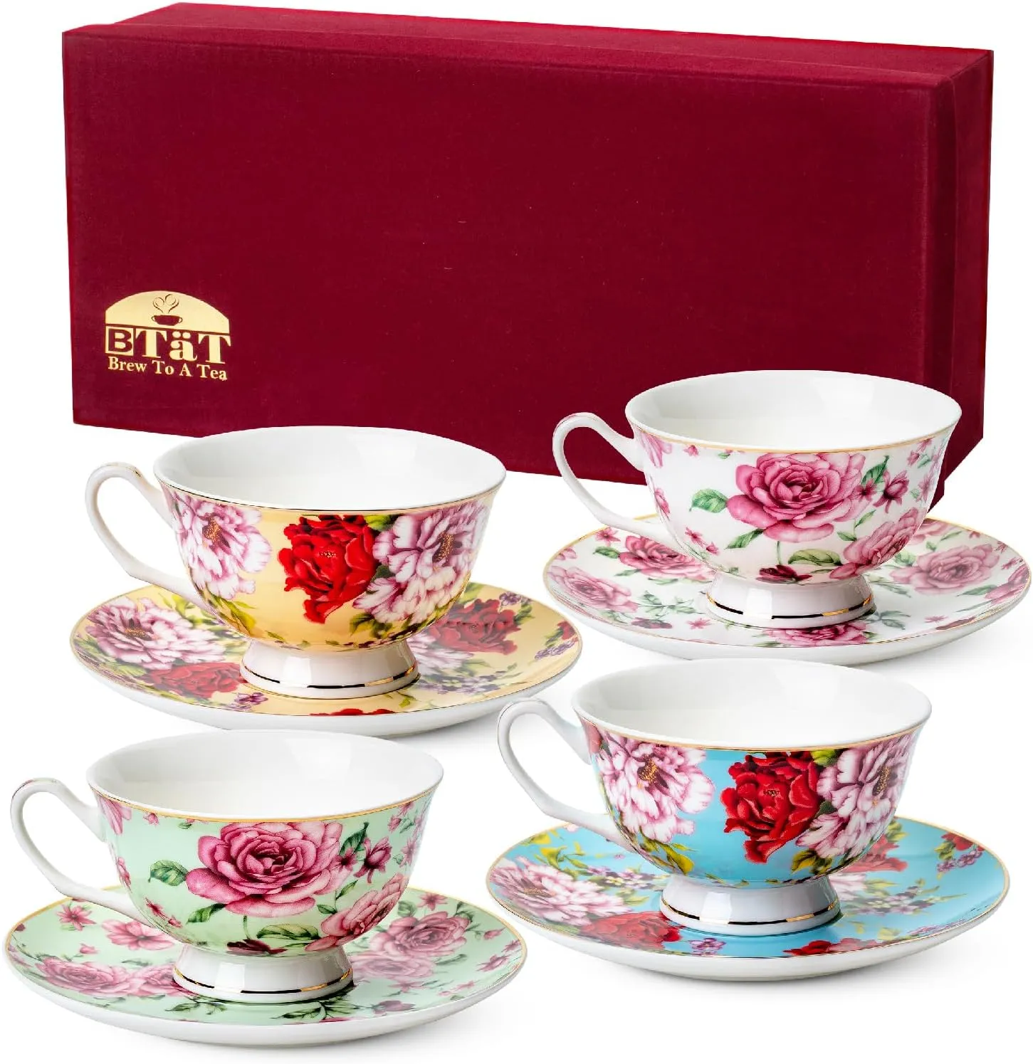 BTaT- Floral Tea Cups and Saucers with Gift Box, 8 oz, Tea Cups Set of 4, Cup & Saucer Sets, Tea Cup Set of 4