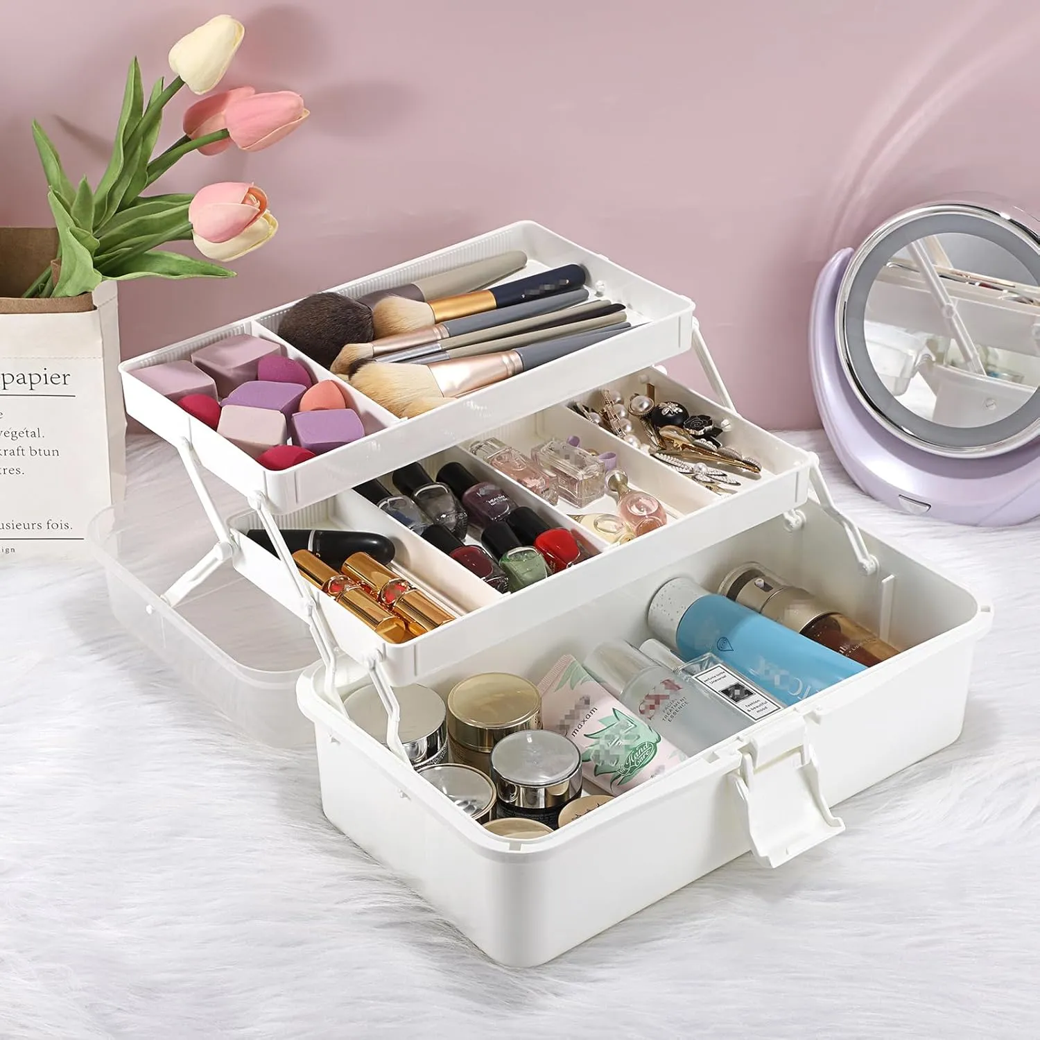 BTSKY 3-Layer Plastic Dividing Storage Box Craft Organizer and Storage with Adjustable Spacers Portable Handled Art Supply Organizer Multipurpose Home Utility Box for Medicine Box Sewing Box Organizer (Beige White)