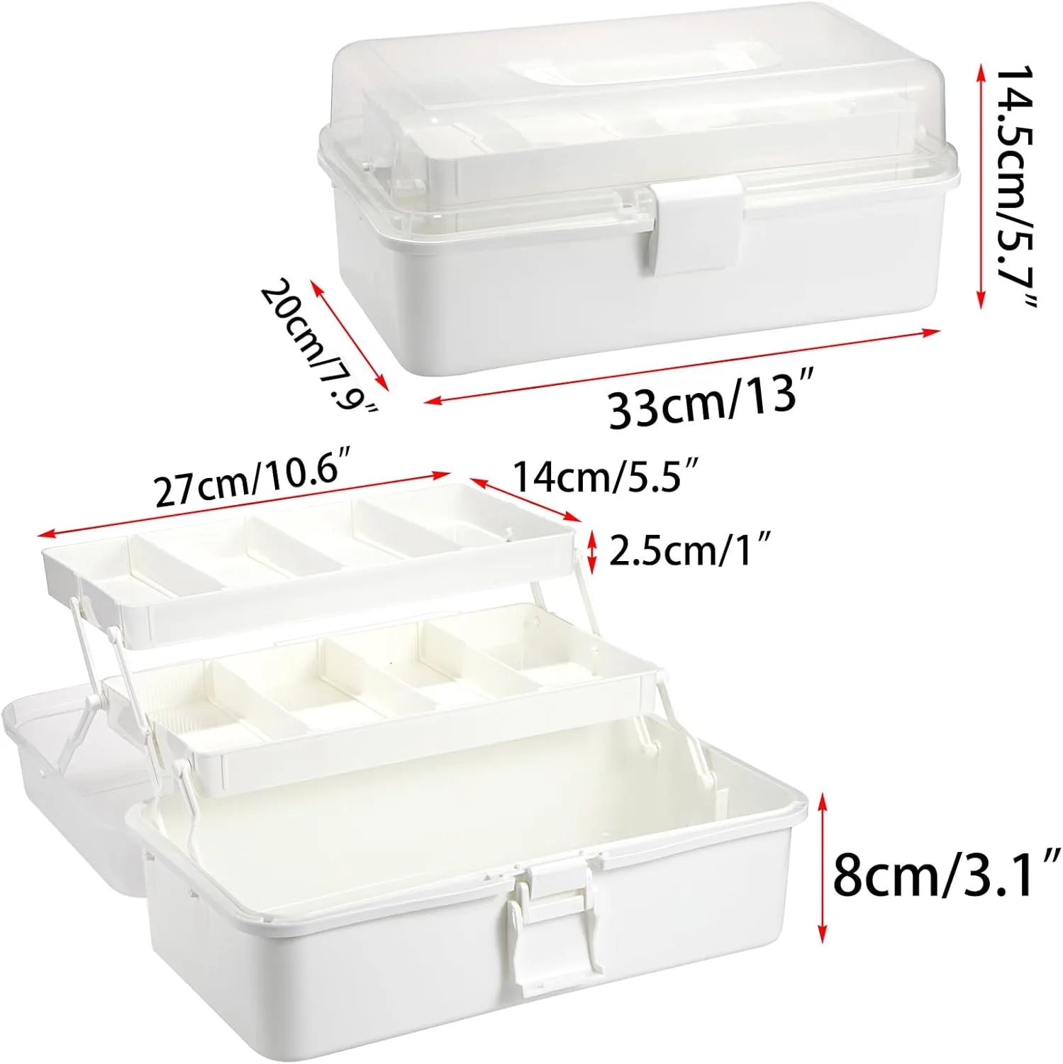 BTSKY 3-Layer Plastic Dividing Storage Box Craft Organizer and Storage with Adjustable Spacers Portable Handled Art Supply Organizer Multipurpose Home Utility Box for Medicine Box Sewing Box Organizer (Beige White)