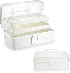 BTSKY 3-Layer Plastic Dividing Storage Box Craft Organizer and Storage with Adjustable Spacers Portable Handled Art Supply Organizer Multipurpose Home Utility Box for Medicine Box Sewing Box Organizer (Beige White)