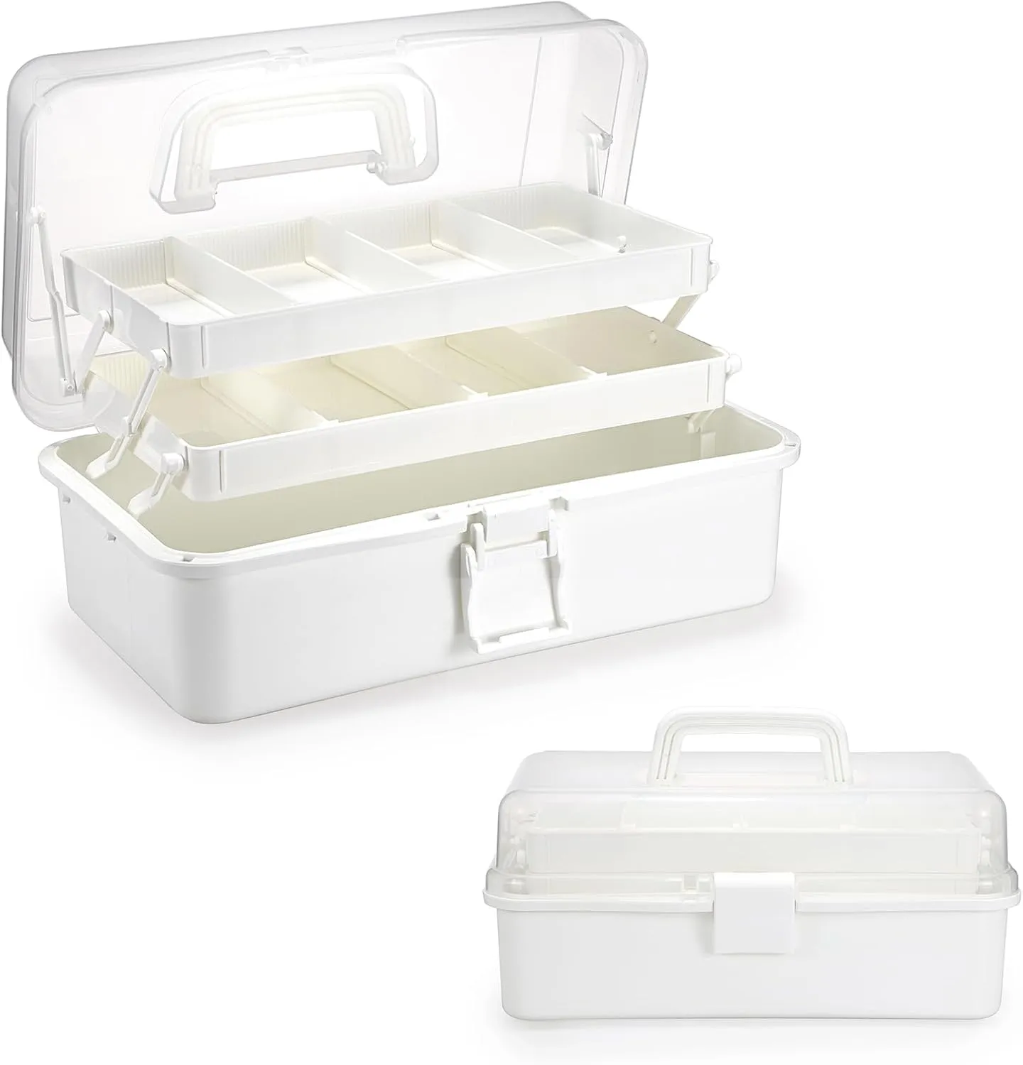BTSKY 3-Layer Plastic Dividing Storage Box Craft Organizer and Storage with Adjustable Spacers Portable Handled Art Supply Organizer Multipurpose Home Utility Box for Medicine Box Sewing Box Organizer (Beige White)