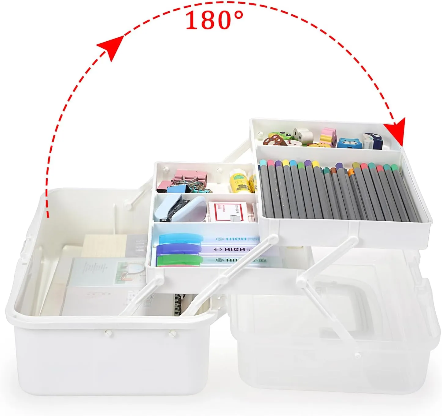 BTSKY 3-Layer Plastic Dividing Storage Box Craft Organizer and Storage with Adjustable Spacers Portable Handled Art Supply Organizer Multipurpose Home Utility Box for Medicine Box Sewing Box Organizer (Beige White)