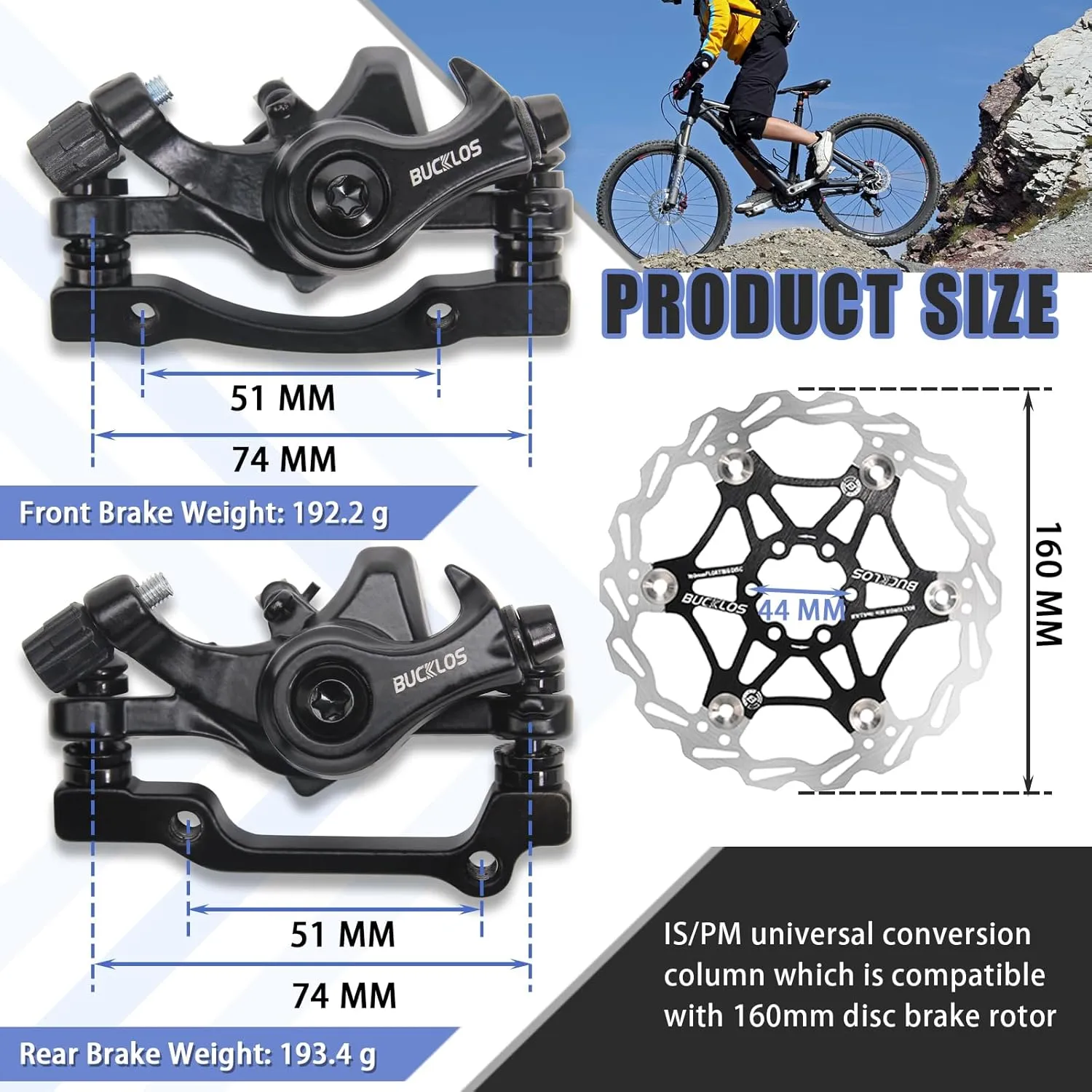 BUCKLOS Mountain Bike Disc Brake kit, MTB Mechanical Line Pulling Disc Brakes Caliper with Aluminum Alloy Levers /160mm Rotor,/is/PM Universal Adapter for Ebike/Folding Bike/Scooter/Fat Bike