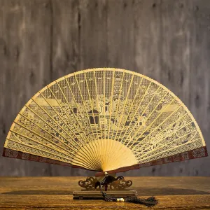 Buddha Stones Hollow Carving Suzhou Garden Tiger Hill Pattern Handheld Burmese Wood Folding Fan