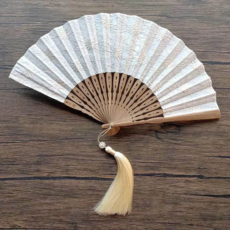 Buddha Stones Solid Color Hollow Flowers Embroidery Cotton Fabric Handheld Bamboo Folding Fan