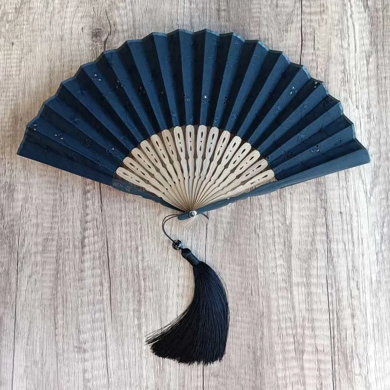 Buddha Stones Solid Color Hollow Flowers Embroidery Cotton Fabric Handheld Bamboo Folding Fan