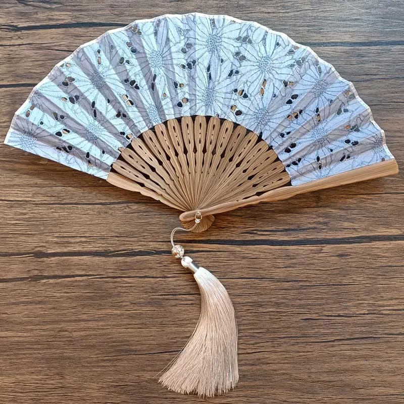 Buddha Stones Solid Color Hollow Flowers Embroidery Cotton Fabric Handheld Bamboo Folding Fan