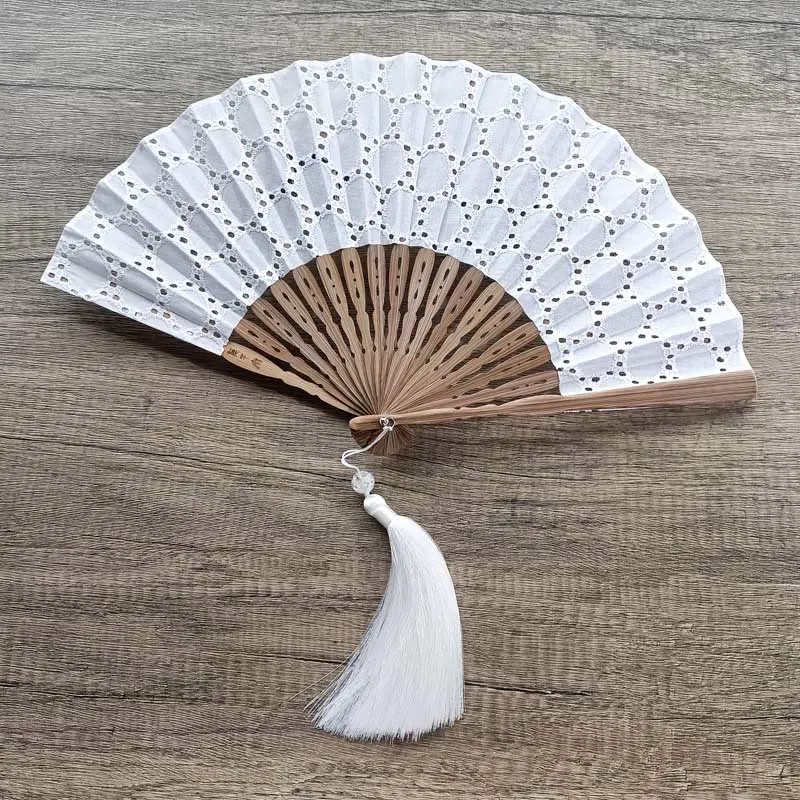 Buddha Stones Solid Color Hollow Flowers Embroidery Cotton Fabric Handheld Bamboo Folding Fan