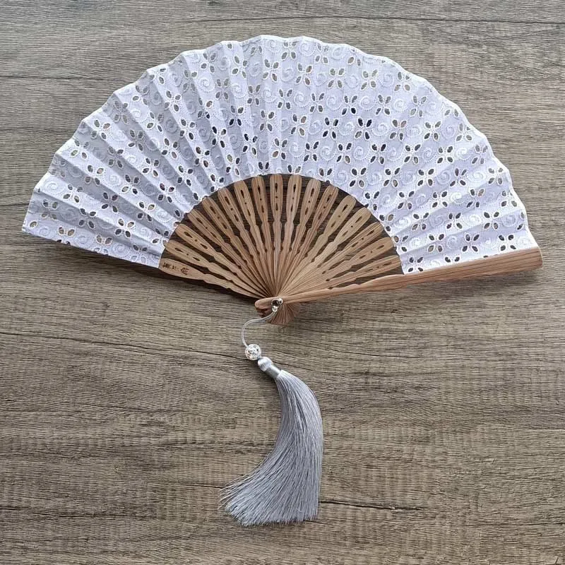Buddha Stones Solid Color Hollow Flowers Embroidery Cotton Fabric Handheld Bamboo Folding Fan