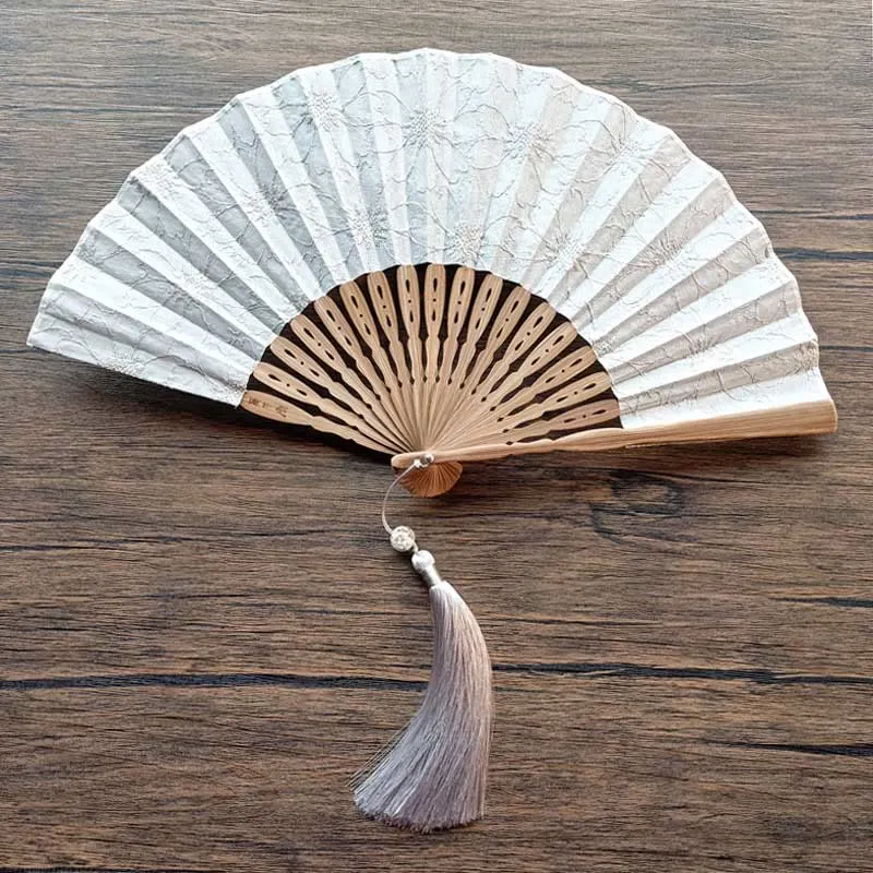 Buddha Stones Solid Color Hollow Flowers Embroidery Cotton Fabric Handheld Bamboo Folding Fan