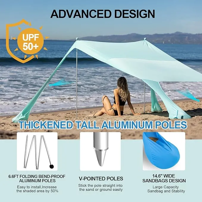 Buheco Beach Tent Pop Up Shade 10x10ft Beach Canopy Sun Shelter UPF50  with 4 Foldable Poles-Portable Carrying Bag-Sand Shovel-Ground Pegs-Windproof Ropes for Outdoor Family Camping-Fishing- Picnic