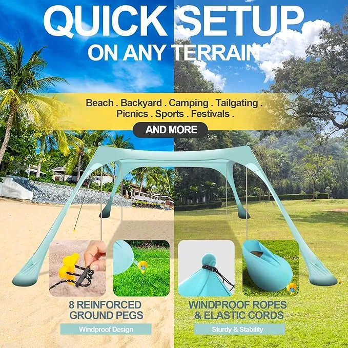 Buheco Beach Tent Pop Up Shade 10x10ft Beach Canopy Sun Shelter UPF50  with 4 Foldable Poles-Portable Carrying Bag-Sand Shovel-Ground Pegs-Windproof Ropes for Outdoor Family Camping-Fishing- Picnic