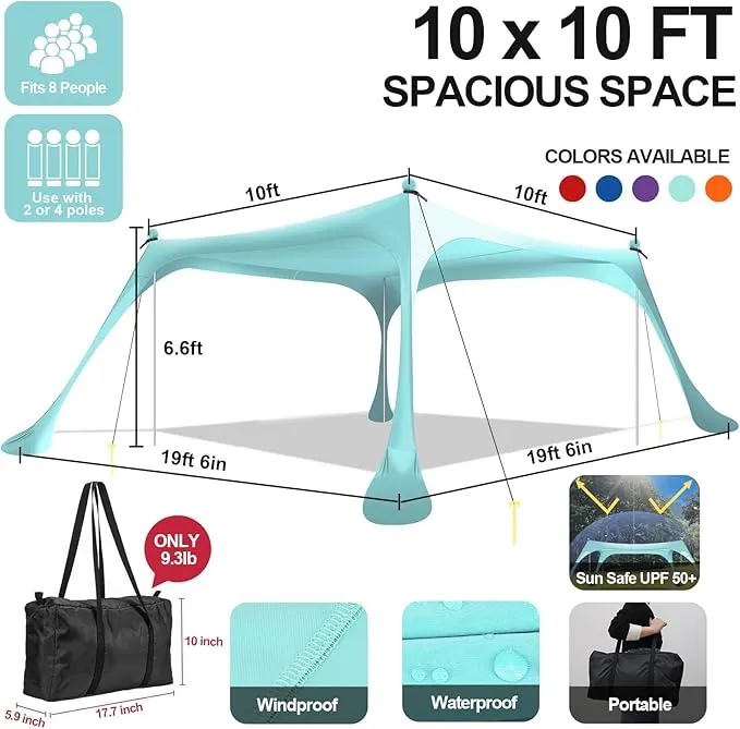 Buheco Beach Tent Pop Up Shade 10x10ft Beach Canopy Sun Shelter UPF50  with 4 Foldable Poles-Portable Carrying Bag-Sand Shovel-Ground Pegs-Windproof Ropes for Outdoor Family Camping-Fishing- Picnic