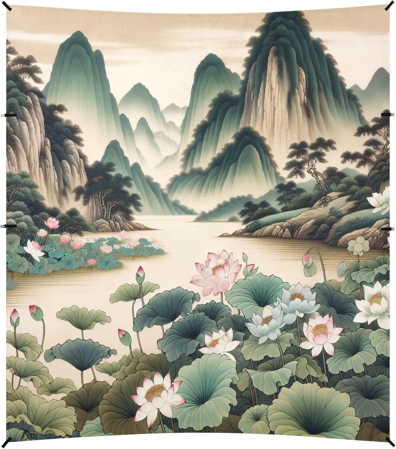 Burbuja Chinese Landscape Painting Beach Canopy Windproof Beach Tent Sun Shade with 4 Sandbags & Sand Shovel, Portable Sun Shelter for Family Camping Picnic