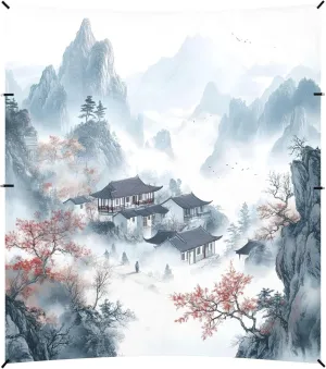 Burbuja Chinese Landscape Painting Beach Canopy Windproof Beach Tent Sun Shade with 4 Sandbags & Sand Shovel, Portable Sun Shelter for Family Camping Picnic
