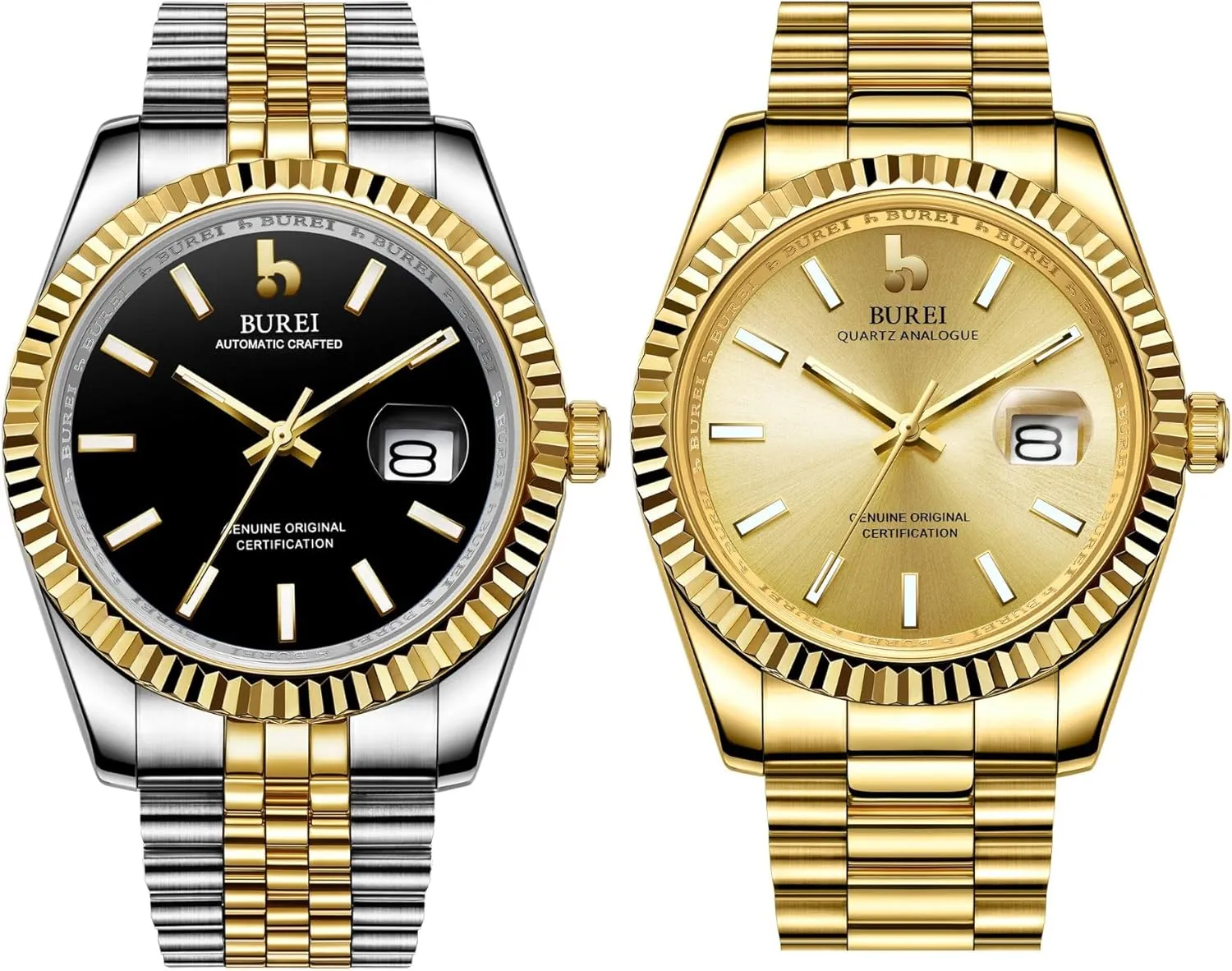 BUREI Men's Classic Luxury Watch Stainless Steel Waterproof Machine Watch Fashion Double Watch Date Sapphire Crystal Analog Quartz Wristwatch