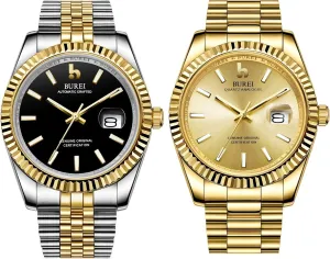 BUREI Men's Classic Luxury Watch Stainless Steel Waterproof Machine Watch Fashion Double Watch Date Sapphire Crystal Analog Quartz Wristwatch