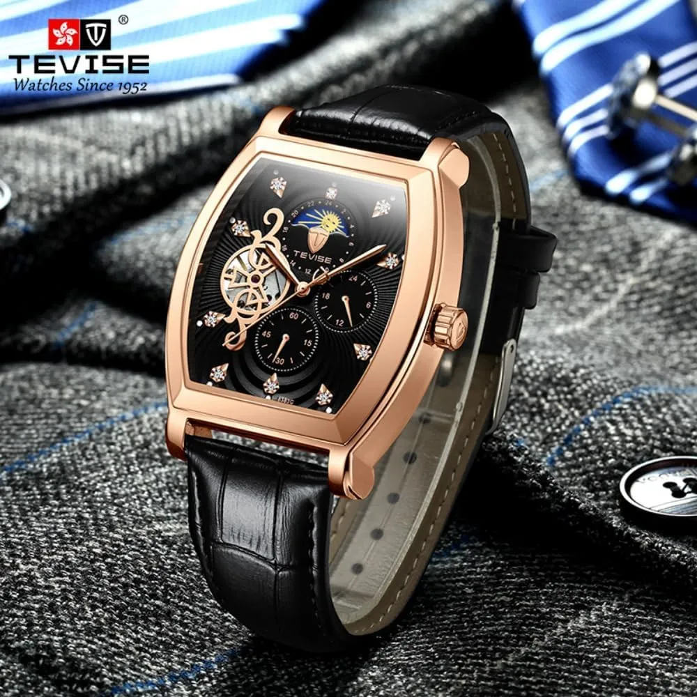 Business Men's Mechanical WatchTonneau Men's Waterproof Automatic Watch Chronograph Hollow Carved Window Moon Zircon