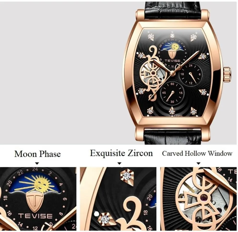 Business Men's Mechanical WatchTonneau Men's Waterproof Automatic Watch Chronograph Hollow Carved Window Moon Zircon