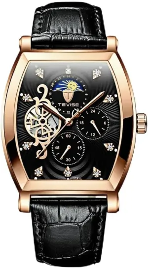 Business Men's Mechanical WatchTonneau Men's Waterproof Automatic Watch Chronograph Hollow Carved Window Moon Zircon