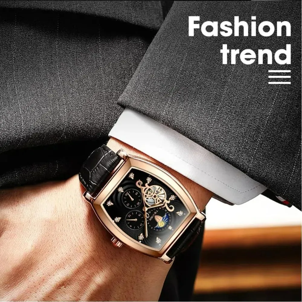 Business Men's Mechanical WatchTonneau Men's Waterproof Automatic Watch Chronograph Hollow Carved Window Moon Zircon