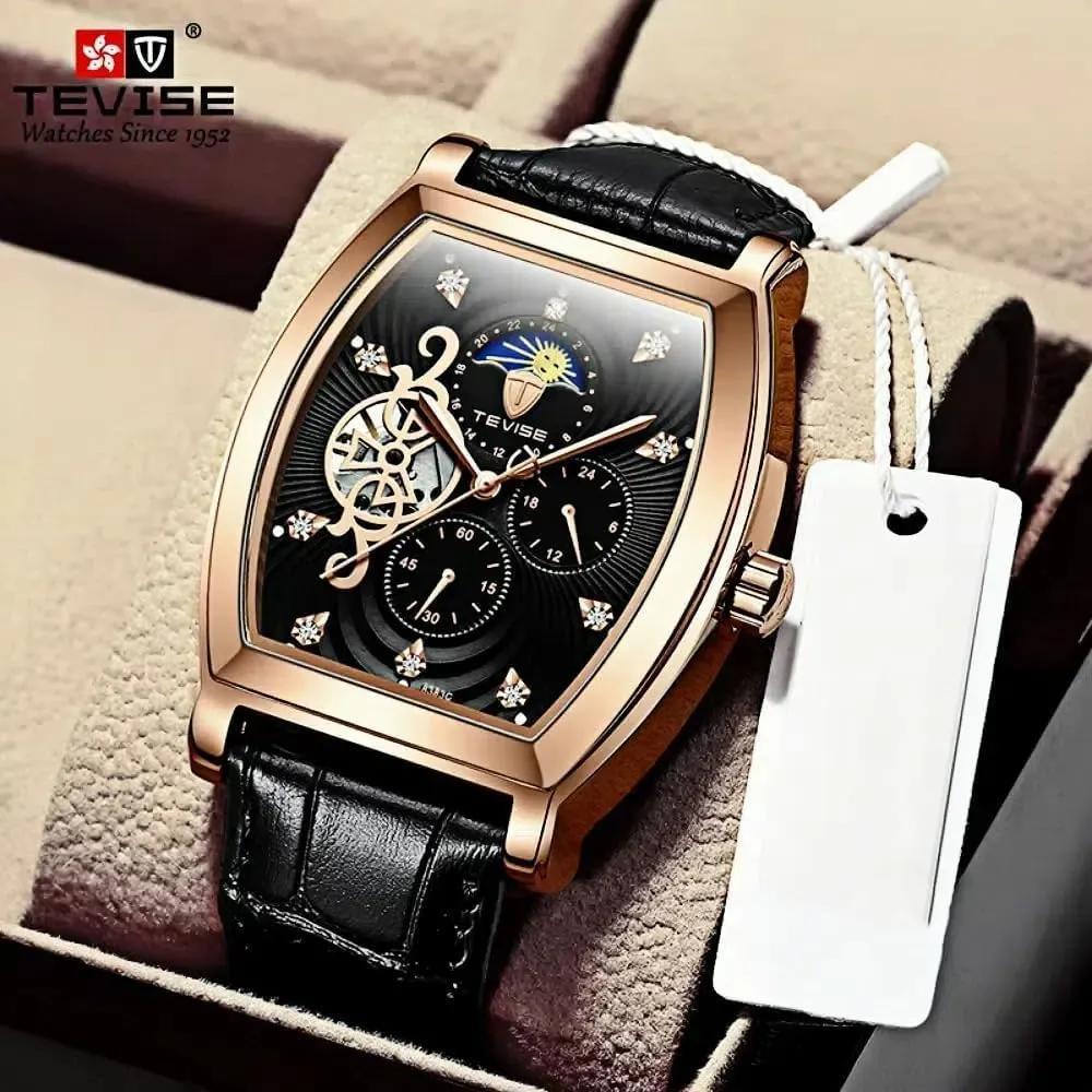 Business Men's Mechanical WatchTonneau Men's Waterproof Automatic Watch Chronograph Hollow Carved Window Moon Zircon