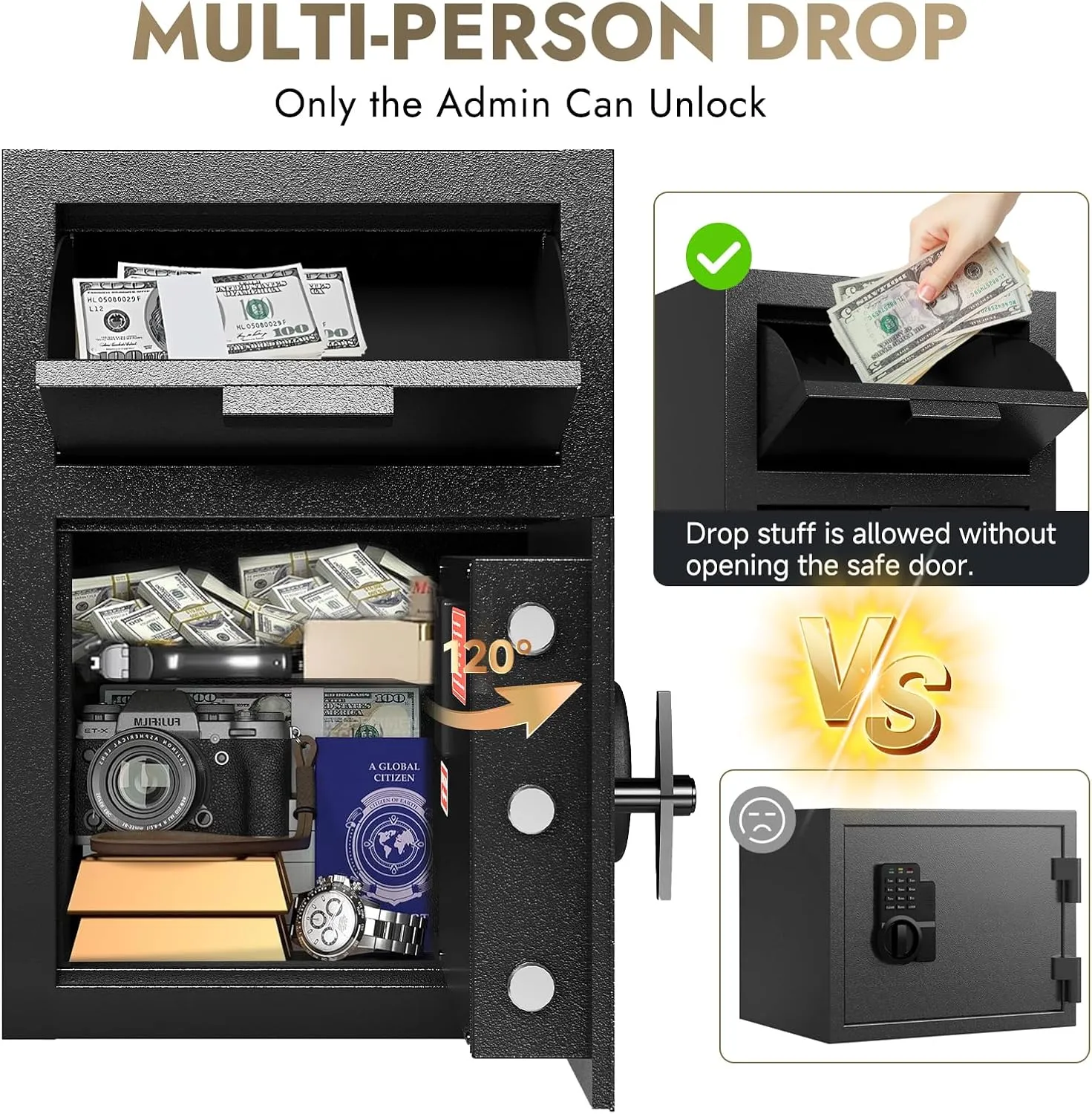 Business Safe Box with Drop Slot, Depository Drop Safes Digital Combination Money Safe Anti-Fishing Deposit Safes for Home Office Hotel Cash Slips Expense (2.6 CUB)